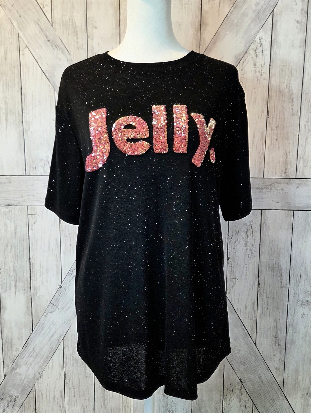 NWT DAVI & DANI Black Short Sleeve Tee with Pink Sequin "Jelly" Logo